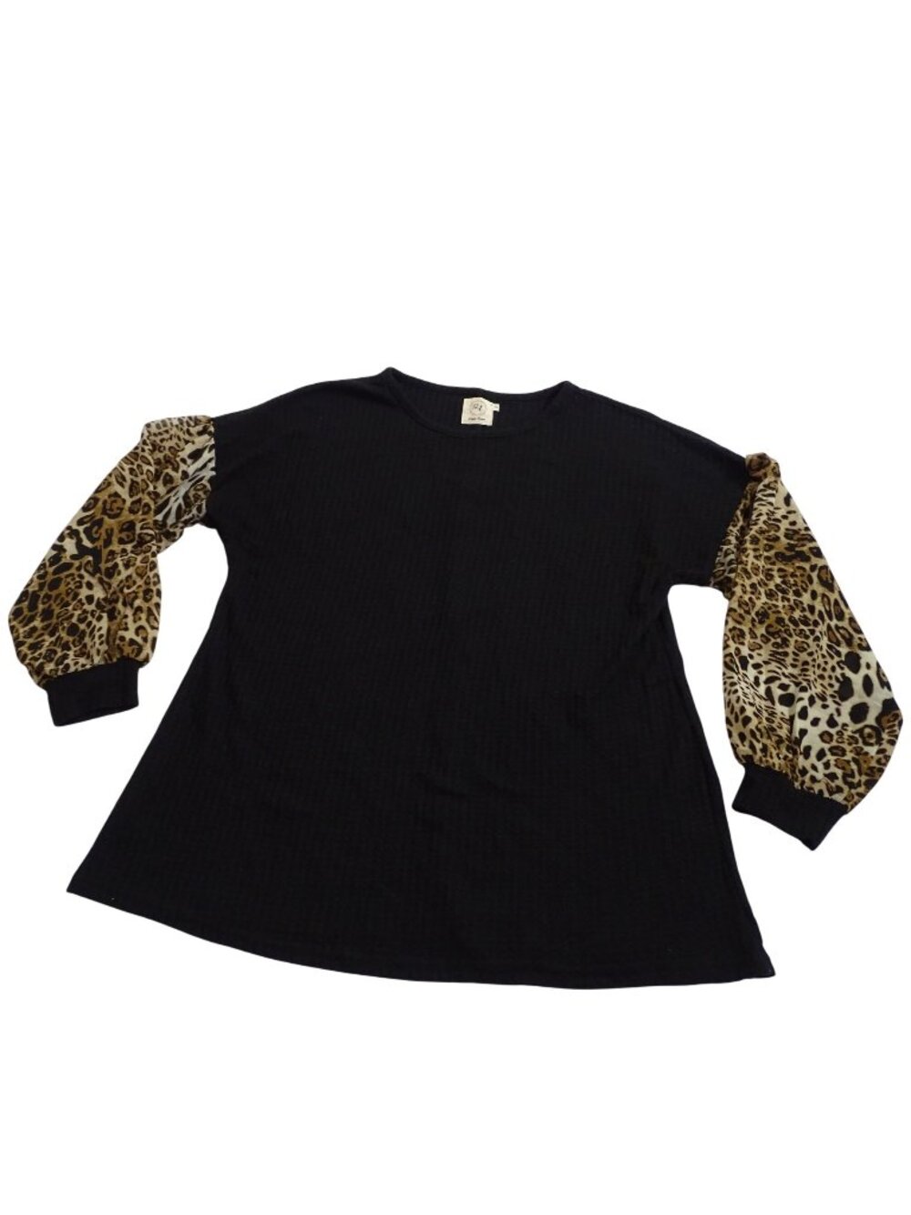 Grace and Emma Women Black Long Sleeve Leopard Print Balloon Sleeve Top Size M